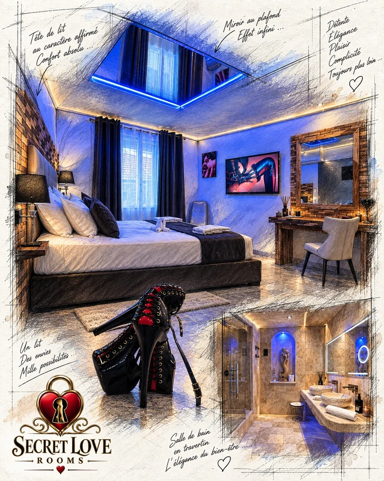 Vue du projet de la seconde chambre : très grand lit, velours, jeux de lumière
