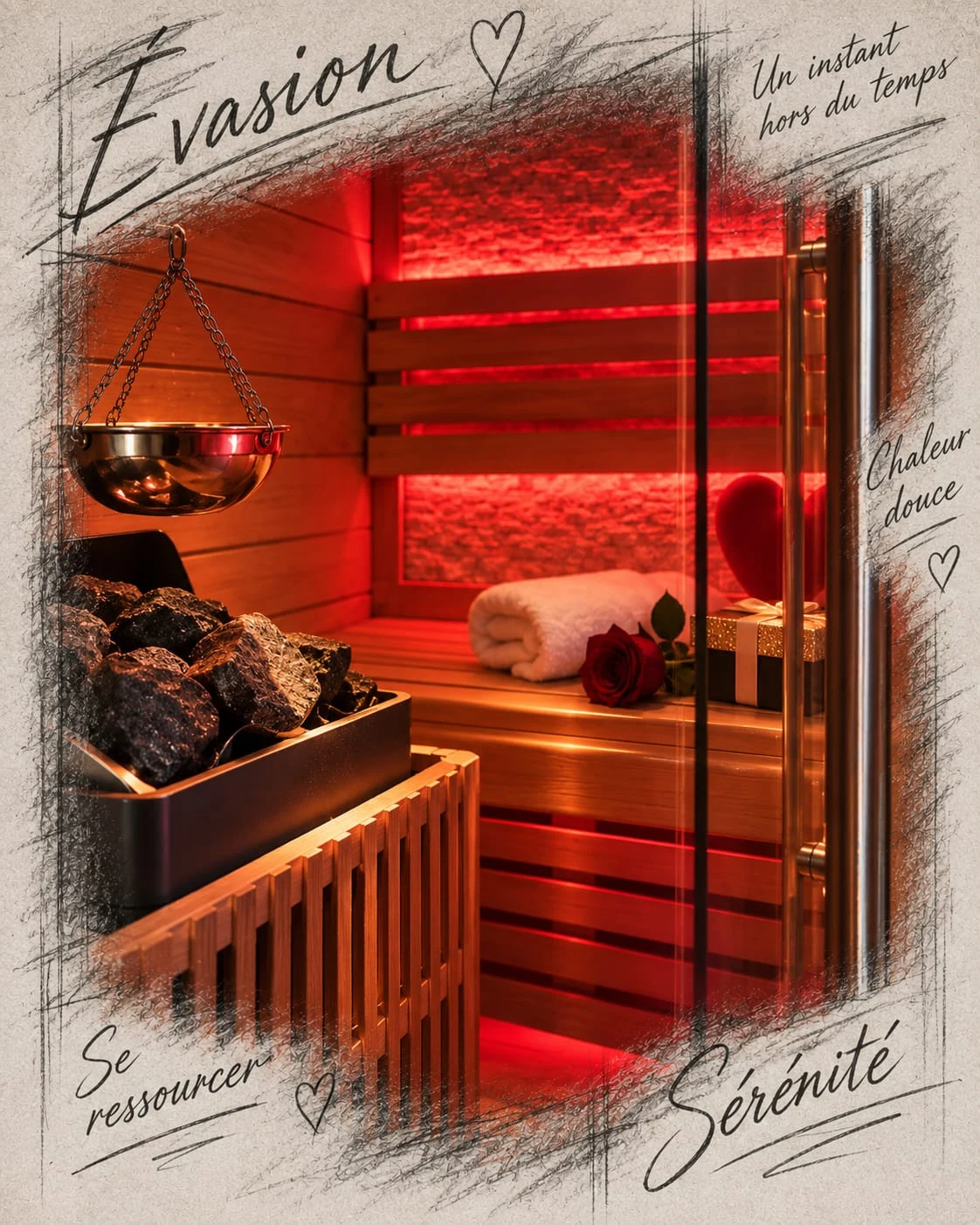 Planche du projet : le sauna, cabine de bois clair éclairée de rouge, pierres de basalte, serviettes roulées et une rose