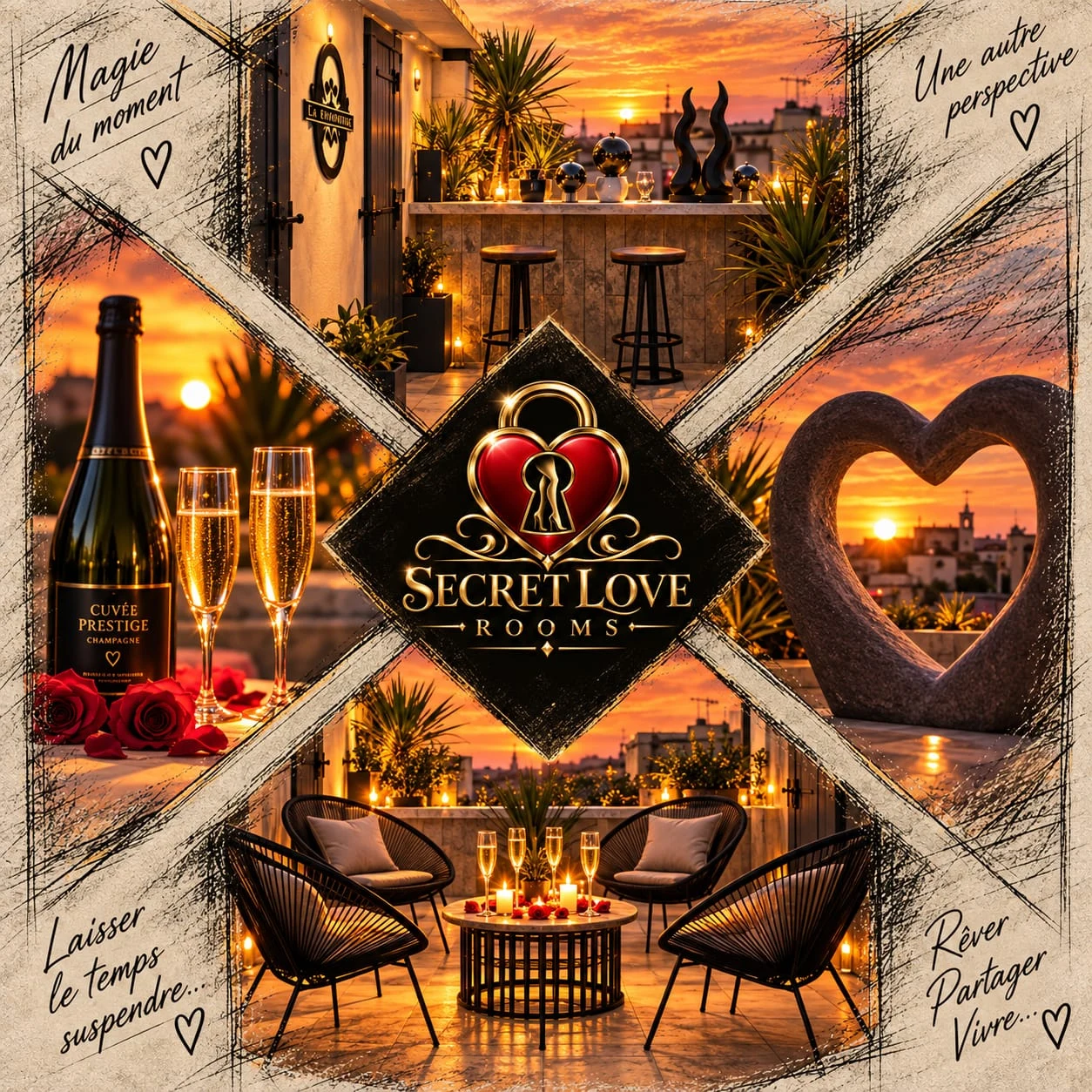Planche du projet : la terrasse au coucher du soleil, quatre fauteuils, le bar extérieur, une coupe de champagne et un cœur de pierre ouvert sur les toits de Hyères